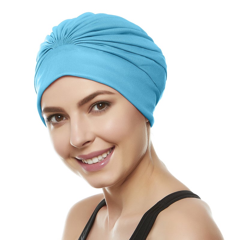 Beemo Swim Caps for Women Swimming Turban Polyester Latex Lined Pleated for Ladies - Turquise - Image 2